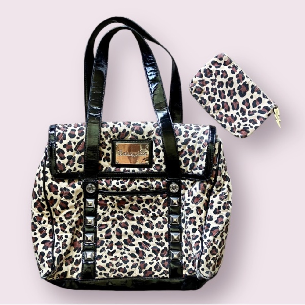 Vintage Betsey Johnson Leopard Print Quilted Tote with Matching Cosmetic Bag